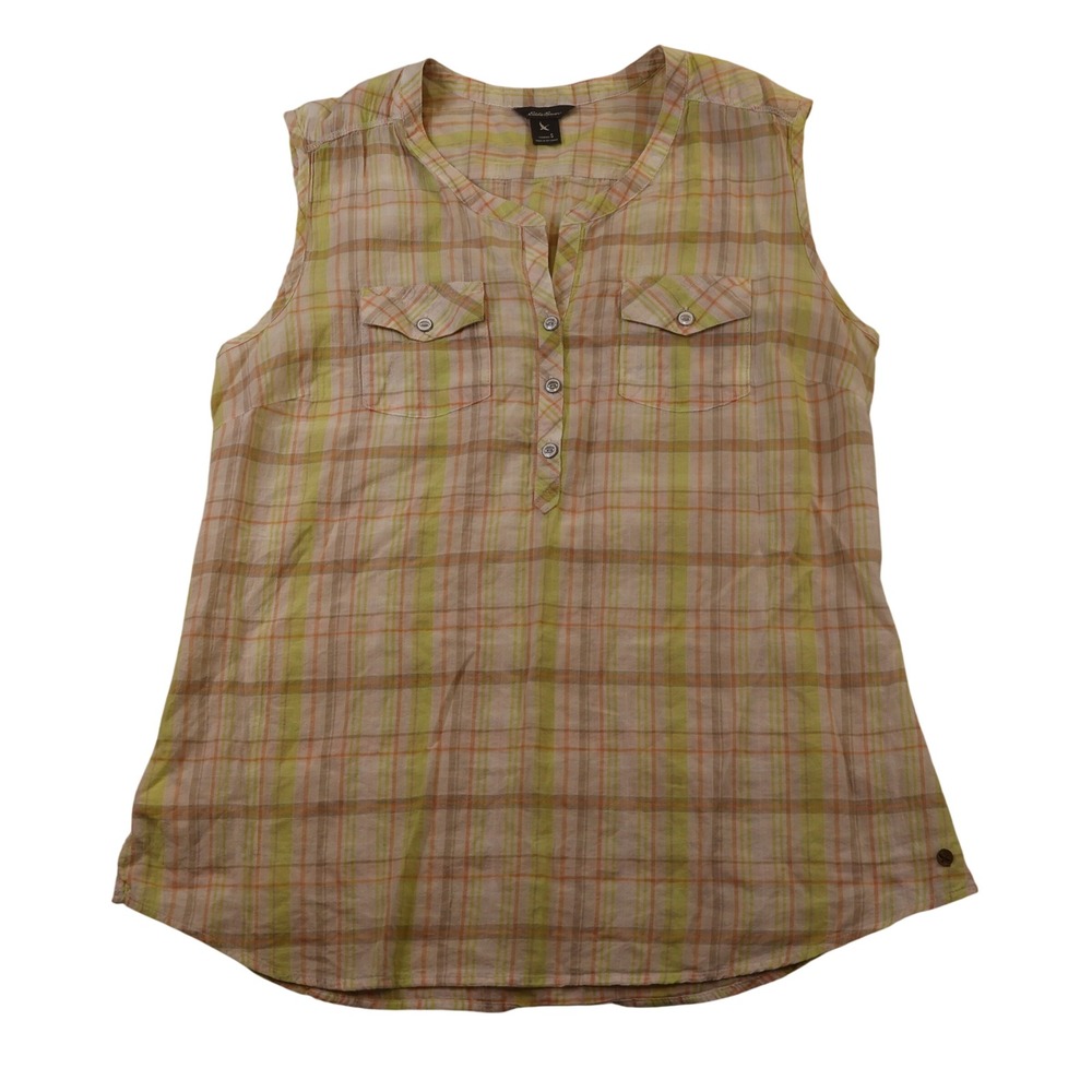 Eddie Bauer Womens S Sleeveless Henley Plaid Top Green Orange 21401053 Sum14